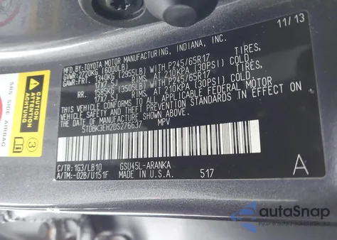 2013 Toyota Highlander Se V6 from USA, damaged, VIN 5TDBK3EH2DS276637